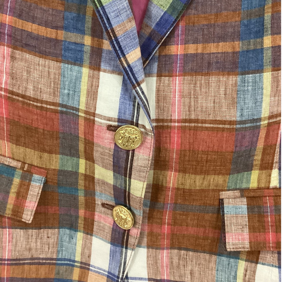 Smythe Two Button Blazer In Madras Plaid 100% Linen With 100% Silk Lining Size 8 - Picture 3 of 7
